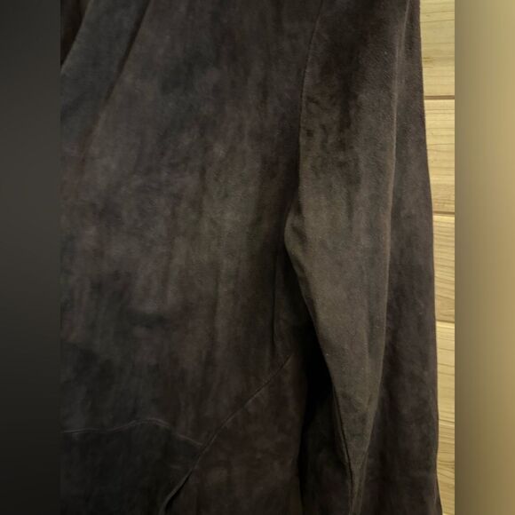 Eileen Fisher Size Large Chocolate Brown Open Front Goat Suede Blazer Jacket - Picture 3 of 15